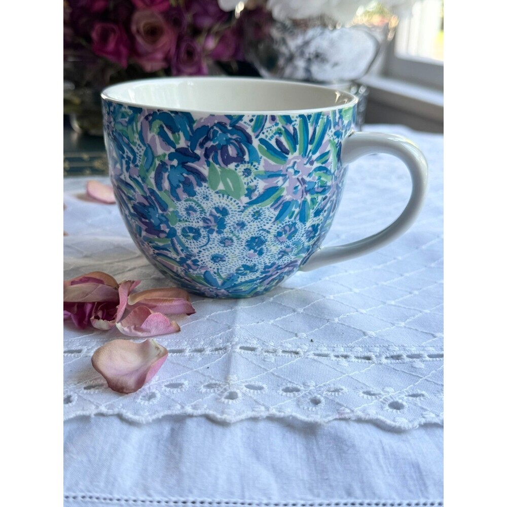 Lilly Pulitzer Set 2 Mugs Blue Green Floral Tropical Print Preppy Coastal Cups - Picture 9 of 16